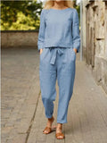 Women's Fashion Solid Color Casual Pocket Two-piece Simple Retro Elastic