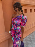 Colorful Tie-dye Print Diagonal Collar Long Dress Women Chic Backless Puff Sleeves Slim Robes Summer Lady Party