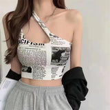 Newspaper Print Camisole Women Slanted Shoulder Hollow Sleeveless Tops Beautiful Back Woman's Spring