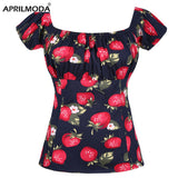 Short Sleeve Retro Vintage Women Blouse Strawberry Printed Sexy Slash Neck Cotton Office Chic 2022 Shirts for