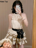 Fashion Polka Dot Pleated Shirt 2 Piece Set Women Summer Sweet Tower Skirt + Sleeveless Chiffon Tops Outfits Y2K