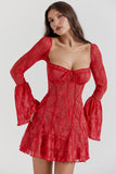 Long Sleeve Lace Square Neck Mini Dress-Outfit