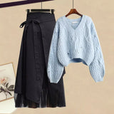 Zingj Women Winter Patchwork Long Sleeve Knitted Tops + Asymmetric Skirt 2 Piece Suit Female Party Elegant Two Piece Set 102-1-Outfit