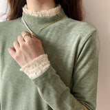 Semi-High-Necked Velvet Bottomed Blouse With A New Style Of Long-Sleeved Knitted Velvet And Warm Lace