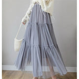 Long Gray Pleated Tutu Skirts 2021 Summer Vintage Women Elastic High Waist Mesh Midi Tulle Skirts Female Jupe Longue