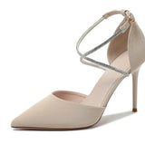 Version Of French Sharp Head Thin Side Side Empty Single Shoes Women's Water Drill Bun Head Buckle High Heel Fashion