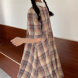 Women Peter Pan Collar Retro Plaid Harajuku Kawaii Girl Loose Preppy Style Leisure Summer Popular Ulzzang Midi Vintage