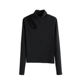 Sexy Skinny Turtleneck Top Woman Hollow Out Casual Long Sleeve T Shirt Skinny Spring 2021 Slim Tee Lady
