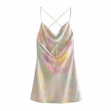 Summer Slip Dress Women 2023 Tie Dye Satin Short Woman Dresses Strappy Sexy Backless Strap Mini Dress Club Party