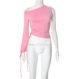 Pink One Shoulder Drawstring Top-Outfit