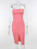 Elegant Folds Women Split Knee Dress Sleeveless Bodycon Sexy Fashion Front Vintage Partywear Night Club Tube