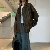 Solid Color Lapel Neck Leather Jacket-Outfit