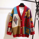 Color Matching Fashion Stitching Sweater Women Loose Single-breasted Knitted Cardigan Sweater Female Spring