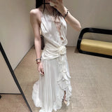 French Holiday Style V-Neck Hanging Neck Wood Ear Dress Chiffon Three-Dimensional Flowers Bare Back Sexy Evening Dress