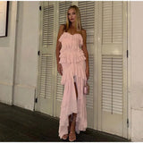 Pink Layered Ruffles Strapless Maxi Dress- Outfit