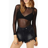 Zingj And Autumn Black Full Transparent Net Yarn Bottom Shirt Female Long Sleeve Sexy Perspective Thin Net Shirt Super Elastic Gauze Clothes-Outfit