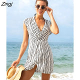 PETAL Striped Sleeveless Mini Dress For Woman Sexy V-neck Elastic Waist Beach Dress 2023 New Summer Loose Sundress