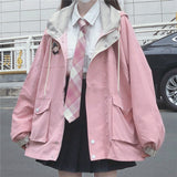 Japanese Kawaii Zipper Black Jacket Women Harajuku Autumn Oversized Preppy Style Cute School Girls Pink Outwear