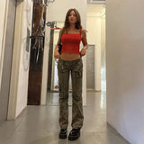 Army Green Vintage Low Rise Jeans Women Korean Fashion Skinny Denim Pants Capris Elegant Pocket Long Trousers