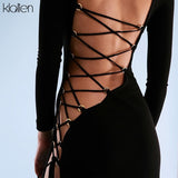 Fashion Sexy Hollow Out Backless Bandage Long Sleeve O Neck Leopard Maxi Dress For Women Autumn New Party Dresses