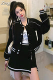 Retro Outerwear Women Long Sleeve High Waist Bomber Coats Casual Sets Black Y2k Short Length Jackets Skirt Preppy