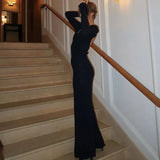 Blue Bodycon Long Sleeve Backless Maxi Dress- Outfit