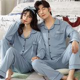Cotton Couple Pajamas Set Homesuit Autumn Winter Simple Solid Lapel Long Sleeve Men And Women Nightwear Lovers