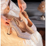 Thick With New Mary Jane Crystal Shoes A Word Button Wedding Shoes Bride Shoes Small Square Head High Heels
