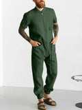 Summer Long Sleeve Stand Collar Zipper Romper For Men Casual Simple Long Pants Homesuit Fashion Mens Solid Lace-up