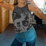 Vintage Y2K Aesthetic Tank Top Hip Hop Face Graphic Print Sleevless Slim Fit Women Gothic Crop Vest Sweats Tee