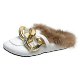 Real Fur Metal Chain Mules Women Shoes Loafers Round Toe Casual Shoes Women Furry Slides Fluffy Hairy Flip