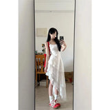 Korean Holiday Style White Lace Splicing Sling Dress Women's 2025 Summer Irregular