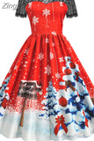 Christmas Costume Party Dress Short Sleeve Vintage Women Winter Xmas Sundress Robe