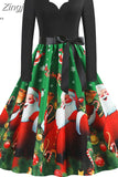 Women Winter Christmas Dress Vintage Santa Printed V-Neck Long Sleeve Swing Sexy Xmas Party Festival Dress