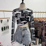 Real Shooting Front Double-Layer Tie-Dye Printing Mesh Long-Sleeved Top Short High-Waisted T-Shirt T-Shirt
