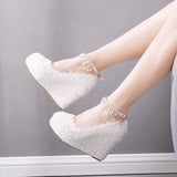 Lace Wedding Shoes Slope Heel Single Shoe Buckle With Slope Heel Waterproof Table Large Size Shoes