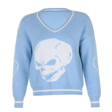 Autumn Winter Print V Neck Knitted Jumpers Casual Long Sleeve Harajuku Sweater Women Streetwear Pullover Female
