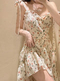 Floral Print Dresses Women Casual Chic Sexy V-neck Backless Pleated Dress Slit Lace-up Sleeveless Y2k Mini Vestidos