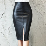 Women PU Leather Midi Skirt Autumn Winter Ladies Package Hip Front or Back Slit Pencil Skirt Plus