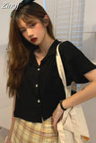 Women Summer Short-sleeve Turn-down-collar Solid Short Womens Tops Blouses Korean Style Loose All-match Slim Trendy