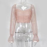 Polka Dot Blouse Women Mesh Shirts Pink Tops Sweet Neckline Lantern Sleeve Ruched Blouse White Blusas Vintage