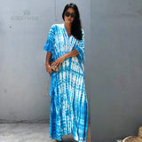 Printed V-neck Batwing Sleeve Side Split Loose Dress For Women Clothes Plus Size Beachwear Maxi Dress
