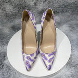 printing green 12cm pumps stiletto pointed toe sexy shoes party nightclub women shoes 8cm 10cm high heel purple