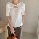Ribbed Knit Top Summer Short Sleeve Tees Hollow Out Korean Fashion T Shirt Women White Yellow Black Blue Casual