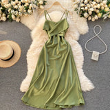2022 Summer Women Satin Slip Dress Backless Spaghetti Strap Bow Tunic Belted Elegant Vacation Sexy Party Midi