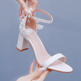 Cm Thick Heel Shallow Mouth With Sandals Round Head Fish Mouth Flowers Nails High Heel Sandals White Wedding