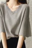 Women's Summer Knitted Shirt Petal Sleeve V-neck Solid Tops Loose Short Sleeve Ice Silk Sweater Women Fashion Shirt