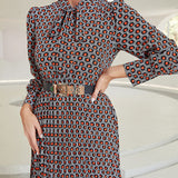 Spring Summer Women Clothing Boho Allover Geometric Print Long Sleeve Stand Collar Bust Tie (Without Belt) Long