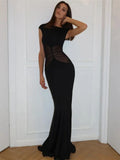 Black Mesh Spliced Design Short Sleeve Maxi Dress- Outfit