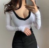 2021 Summer Spring New Sexy V-neck Low Chest Color Patchwork Slim Elastic Navel Exposed Bottom Long Sleeve T-shirt